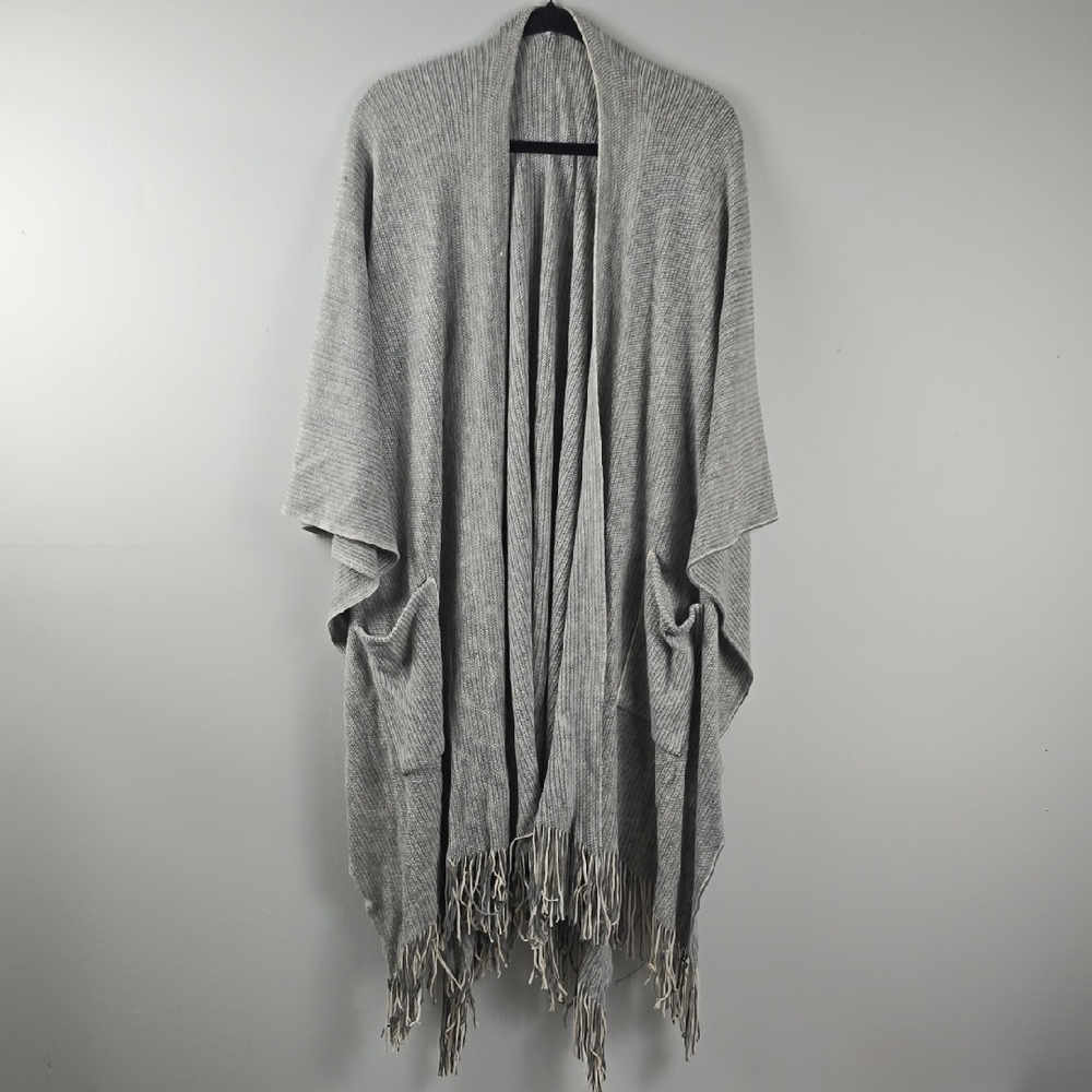 Gray Fringe Open Cardigan Shaw With Pockets